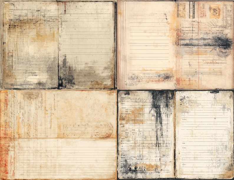 May include: A collage of aged paper textures, featuring open book pages with lined and blank spaces. The pages display faded colours, stains, and handwritten notes, creating a vintage aesthetic. The overall theme is a scrapbook or journal.
