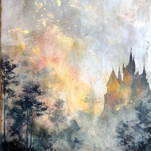 May include: An abstract painting of a castle silhouette with tall spires, set against a backdrop of a misty forest. The artwork features a color palette of blues, yellows, and oranges, with gold flecks scattered throughout.