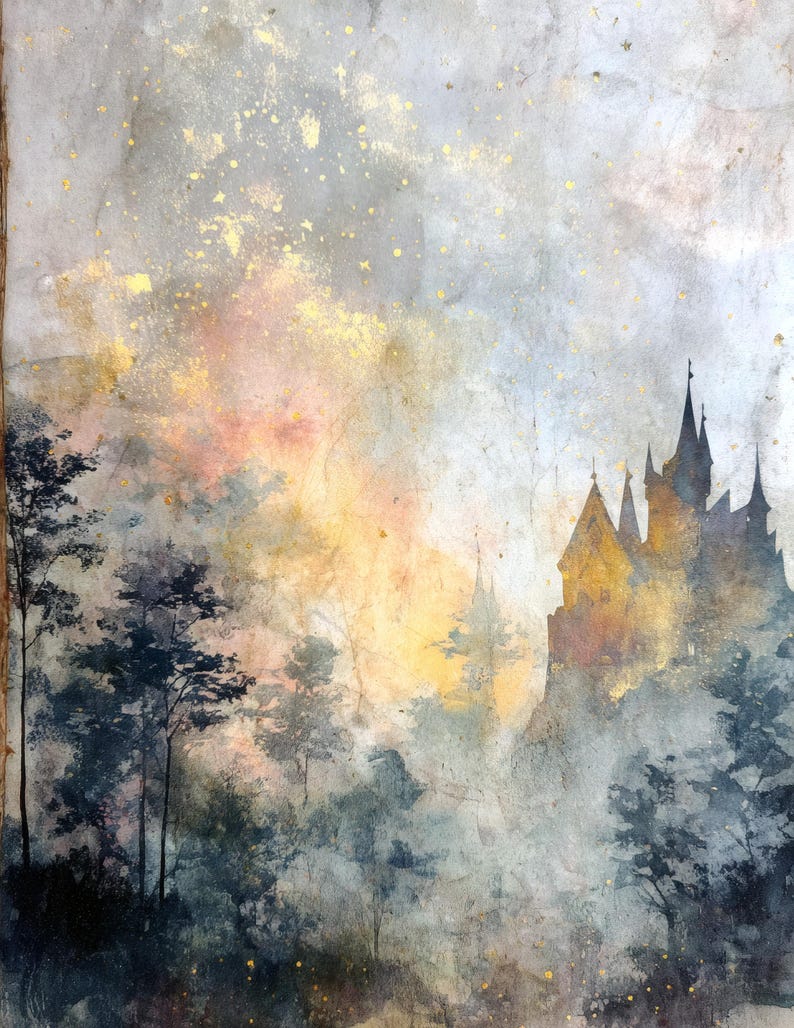 May include: An abstract painting of a castle silhouette with tall spires, set against a backdrop of a misty forest. The artwork features a color palette of blues, yellows, and oranges, with gold flecks scattered throughout.