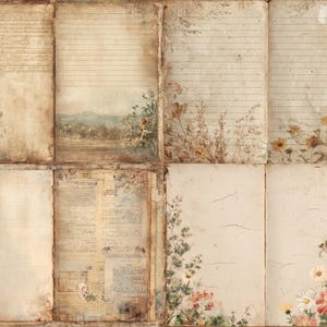 May include: A collage of vintage-style paper sheets with floral and landscape illustrations. The papers have a distressed, aged appearance with faded colors, including beige, brown, and hints of green and pink. Some sheets are lined, while others are blank.