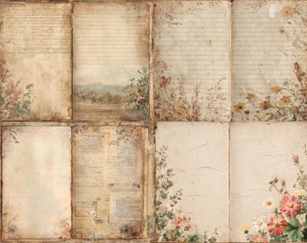 May include: A collage of vintage-style paper sheets with floral and landscape illustrations. The papers have a distressed, aged appearance with faded colors, including beige, brown, and hints of green and pink. Some sheets are lined, while others are blank.