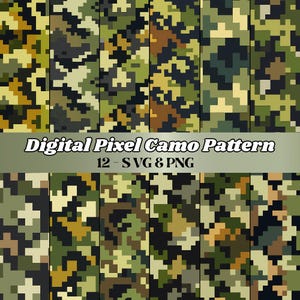 Peut inclure: Plusieurs motifs de camouflage numériques en pixels, dans des tons de vert, marron et noir. Le texte "Digital Pixel Camo Pattern 12 - SVG & PNG" est visible. Les motifs sont disposés en grille, présentant divers designs de camouflage.