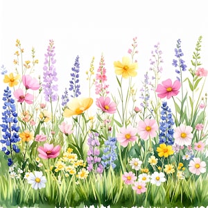 Può includere: Illustrazione ad acquerello di un prato di fiori selvatici. L'immagine presenta una varietà di fiori colorati nelle tonalità del rosa, giallo, viola e blu, su uno sfondo di erba verde. I fiori sono in piena fioritura, creando una scena vivace.