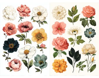 vintage botanical flower cutouts printable ephemera sheet with 19th century floral illustrations for junk journaling scrapbooking crafts