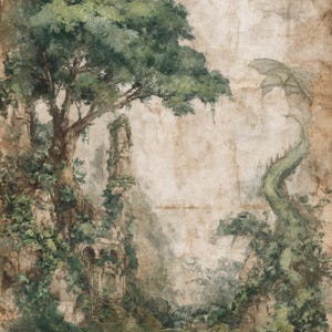 May include: Watercolor painting of a fantasy landscape with a large tree, ruins, and a dragon. The artwork features a green dragon with outstretched wings, a stone structure, and lush greenery. The color palette includes shades of green, brown, and beige.
