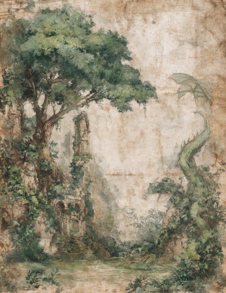 May include: Watercolor painting of a fantasy landscape with a large tree, ruins, and a dragon. The artwork features a green dragon with outstretched wings, a stone structure, and lush greenery. The color palette includes shades of green, brown, and beige.