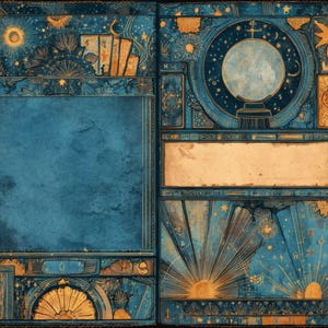 May include: An open book with a celestial theme. The pages are a deep blue with gold accents, featuring suns, moons, stars, and tarot card illustrations. The design includes a large blank space for text or images.
