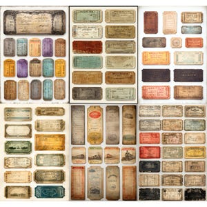 Könnte beinhalten: Eine Sammlung von Papier-Ephemera im Vintage-Stil, darunter Tickets, Quittungen und Etiketten. Die Artikel weisen gealterte Texturen, verblasste Farben und verschiedene Schriftarten auf. Die Farbpalette umfasst Brauntöne, Beige und gedämpfte Töne von Blau, Grün und Lila. Die Artikel sind in einem Raster angeordnet.