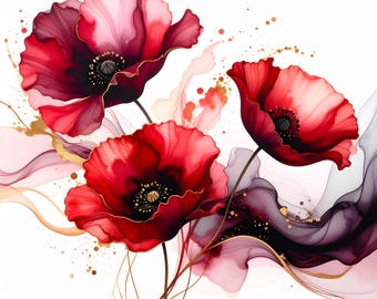 May include: Watercolor painting of three vibrant red poppies with black centers and gold accents. The petals have a translucent quality, with hints of pink and white. Gold flecks and flowing abstract shapes in pink, purple, and gold complete the floral artwork.