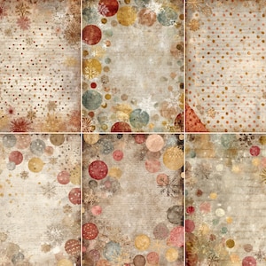 May include: A collage of six vintage-style scrapbook papers. Each paper features a textured, aged background with a mix of polka dots, snowflakes, and circular designs in muted tones of red, gold, and beige. The papers have a distressed, antique aesthetic.