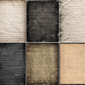 Peut inclure: Un collage de six textures de papier ligné vieilli. Les papiers varient du beige clair au charbon de bois foncé, avec des plis et une usure visibles. Chaque feuille présente des lignes horizontales, suggérant une esthétique vintage, pour fonds numériques ou papeterie.