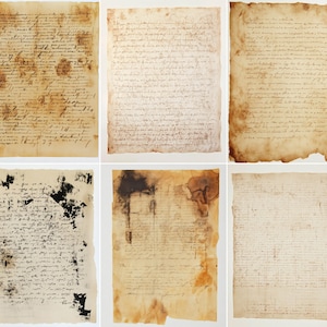 May include: Six antique parchment documents, each covered in handwritten script. The papers range in colour from pale tan to deep brown, with some showing signs of age, staining, and torn edges. The handwriting style suggests an older period.