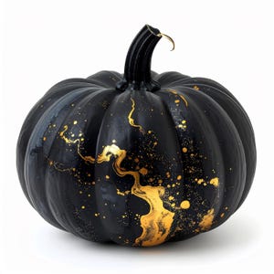 Op de afbeelding: Een zwarte pompoen met gouden spetters. De decoratieve kalebas heeft een donkere steel en staat tegen een witte achtergrond. De pompoen is een feestelijke herfstdecoratie.