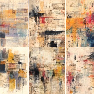May include: Abstract art print featuring a collage of vintage ephemera with layered brushstrokes in muted tones. The artwork incorporates elements of yellow, blue, red, and black, creating a textured and layered composition. The overall theme is vintage and artistic.