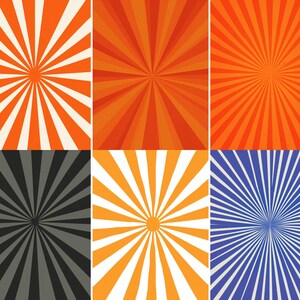 May include: Six panels with retro sunburst designs. The panels feature orange, black, yellow, and blue rays radiating from a central point. The backgrounds are cream, orange, and white.