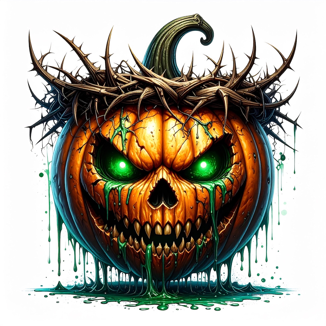 Terrifying Jack O Lantern Clipart With Thorn Crown Toxic Green Eyes and ...