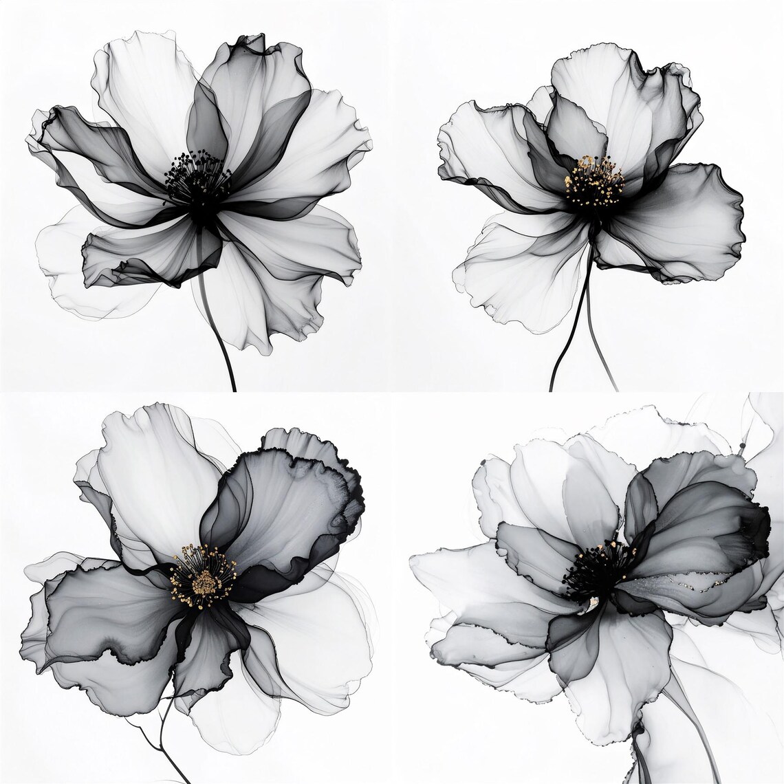 Abstract Black Flower Watercolor Wall Art Set Modern Floral Prints for ...