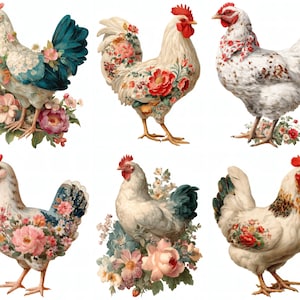 May include: A collection of six watercolor illustrations of chickens and roosters. The birds feature floral patterns in shades of pink, red, and blue. Each bird is surrounded by a bouquet of flowers, creating a whimsical and decorative theme.