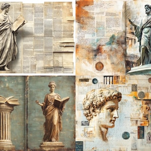 May include: A four-panel collage featuring classical stone statues, a marble column with an open book, and a sculpted head. The composition incorporates layered vintage book pages, handwritten text, and abstract watercolor textures in shades of beige, brown, and blue.