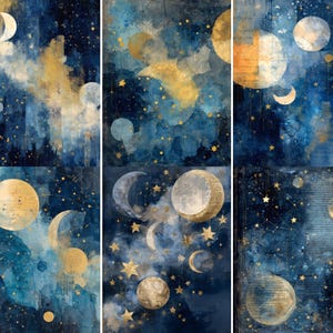 Può includere: Un'opera d'arte a tema celeste, in stile acquerello, con uno sfondo blu scuro. L'immagine presenta lune, stelle e corpi celesti in tonalità oro e bianco, creando una composizione sognante e artistica.