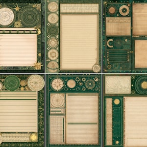 May include: A set of six vintage journal pages with a celestial theme. Each page has a dark green border with gold accents, compass and star designs, and lined paper. The pages are suitable for scrapbooking or journaling, with a classic aesthetic.