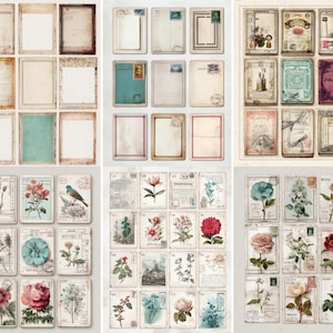 May include: A selection of vintage paper ephemera, such as postcards, journal cards, and decorative tags. The designs incorporate aged paper textures, floral illustrations, and botanical prints in various colours. Some cards have blank spaces for writing.