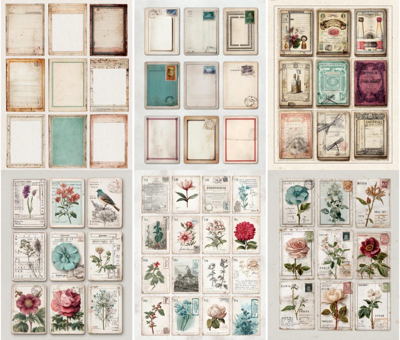 May include: A selection of vintage paper ephemera, such as postcards, journal cards, and decorative tags. The designs incorporate aged paper textures, floral illustrations, and botanical prints in various colours. Some cards have blank spaces for writing.