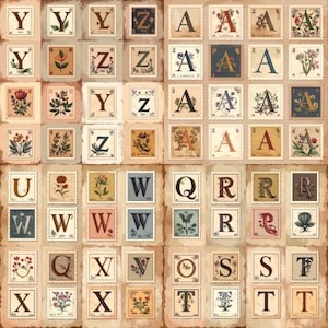 May include: A collage of vintage-style postage stamps featuring letters of the alphabet and floral illustrations. The stamps are in various colors, including beige, blue, and red, with decorative borders and aged paper textures.