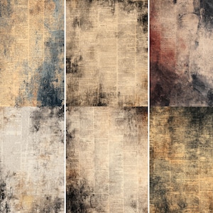 Puede incluir: Un collage de seis paneles con un diseño de impresión de periódico vintage. Los paneles muestran una mezcla de tonos beige, marrón y negro con texturas envejecidas. El diseño evoca una sensación de historia y edad, adecuado para diversas aplicaciones artísticas.