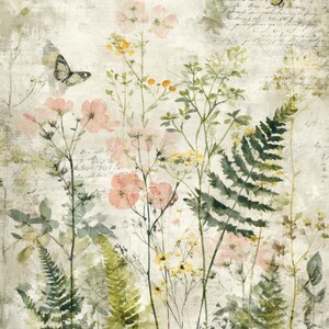 May include: Watercolor painting of wildflowers and ferns in shades of pink, yellow, and green, with two butterflies. The background features faded script, creating a vintage aesthetic. The artwork evokes a sense of nature and tranquility.