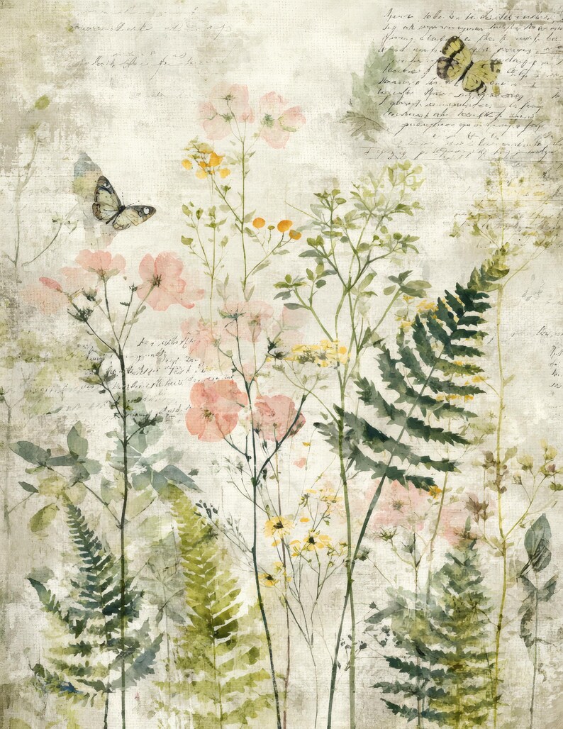 May include: Watercolor painting of wildflowers and ferns in shades of pink, yellow, and green, with two butterflies. The background features faded script, creating a vintage aesthetic. The artwork evokes a sense of nature and tranquility.