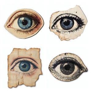 Puede incluir: Un conjunto de cuatro ilustraciones artísticas de ojos. Dos ojos están representados en tonos azules realistas con pestañas detalladas sobre fondos ovalados lisos, mientras que los otros dos aparecen sobre papel texturizado con bordes rasgados.