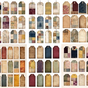 Pode incluir: Uma coleção de etiquetas de papel em estilo vintage com vários designs. Algumas etiquetas apresentam padrões de patchwork, enquanto outras têm texturas de papel envelhecido, mapas e estampas florais. Cada etiqueta tem um orifício reforçado.