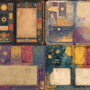 May include: A detailed illustration of an open book with celestial and mystical themes. The pages are adorned with colorful artwork, including suns, moons, and various symbols. The color palette includes blues, purples, yellows, and browns, creating a vintage aesthetic.