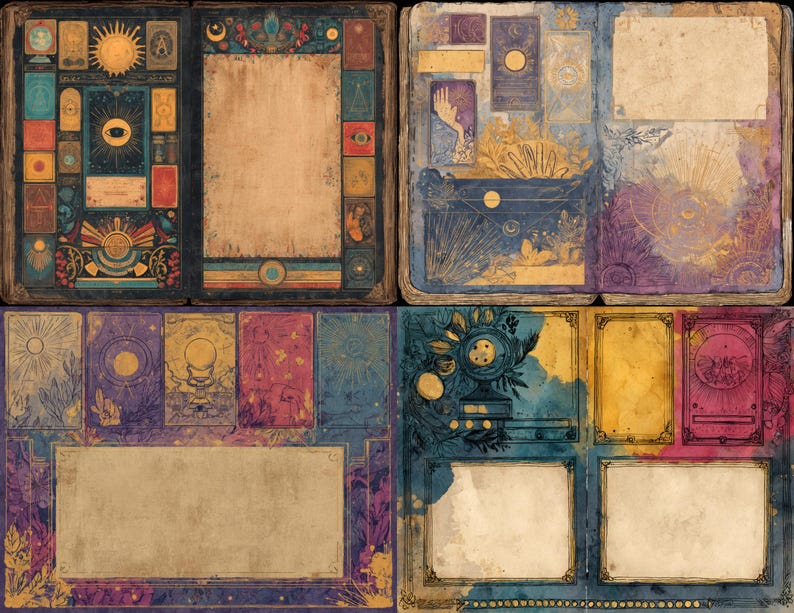 May include: A detailed illustration of an open book with celestial and mystical themes. The pages are adorned with colorful artwork, including suns, moons, and various symbols. The color palette includes blues, purples, yellows, and browns, creating a vintage aesthetic.