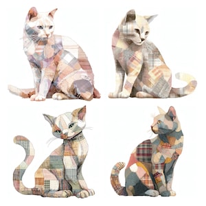 Könnte beinhalten: Vier Illustrationen von Katzen in verschiedenen Sitzpositionen, jede mit einem Patchwork-Design aus verschiedenen karierten, gestreiften und einfarbigen Stoffmustern in gedeckten Braun-, Blau-, Creme- und sanften Rottönen auf weißem Grund.