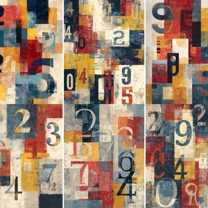 May include: Abstract art print featuring a collage of colorful squares in shades of red, blue, yellow, and beige. Bold white numbers are overlaid on the squares, creating a modern, textured design. The artwork is divided into three panels.