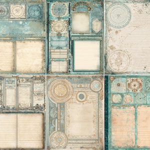May include: A collection of vintage-style scrapbook paper sheets. The paper features a distressed, aged look with a teal and beige color scheme. Each sheet has ornate designs, including compasses, clocks, and lined areas for writing.