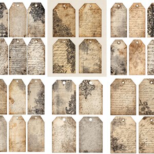 May include: A collection of vintage-style gift tags with a distressed, aged appearance. The tags feature ornate floral and scroll designs in black and white, along with handwritten script. Each tag has a hole at the top for attaching to gifts or crafts.