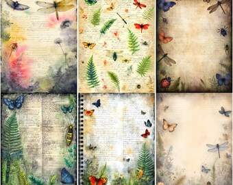Viktorianisches Feld Journal Seiten, Vintage Naturstudie zum Ausdrucken, Schmetterling Käfer Papier, Botanische Junk Journal Seiten, Wissenschaftliche Ephemera