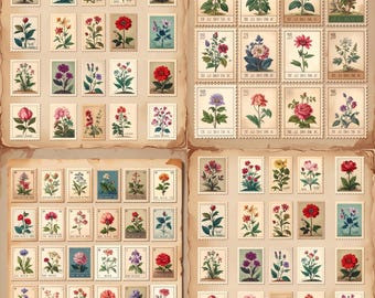 Printable Botanical Stamp Paper – Vintage Flower Ephemera Pages for Junk Journals, Floral Scrapbooking, Cottagecore Crafts & Art Projects