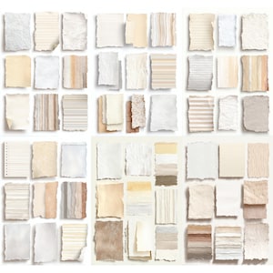 May include: A collection of torn paper sheets in various shades of white, cream, and beige. Some sheets have lines, stripes, or textured surfaces. The paper edges are rough, giving a vintage or handmade appearance. The arrangement is a grid of individual pieces.