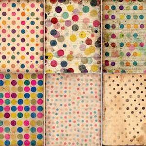 Peut inclure: Un collage de six papiers vintage à pois colorés. Les pois, de tailles variées, sont roses, jaunes, bleus et violets, sur un fond crème. Les papiers présentent un aspect vieilli et délavé, avec un style rétro.