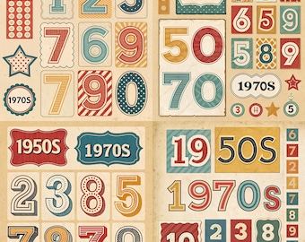 Retro Number Ephemera Printables, Printable Scrapbook Embellishments, Junk Journal Ephemera, Scrapbooking Collage Supplies, Digital Download