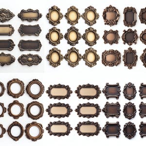 May include: A collection of ornate, antique-style metal frames and plaques in various shapes and sizes. The frames are oval, rectangular, and uniquely shaped, with intricate embossed detailing and a bronze finish. The plaques are rectangular with blank spaces.