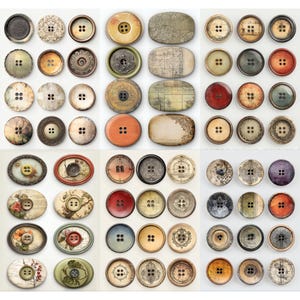 May include: A collection of vintage-style buttons in various shapes, sizes, and colors. The buttons include round, oval, and rectangular designs with four-hole and two-hole styles. Colors include brown, beige, red, and green.
