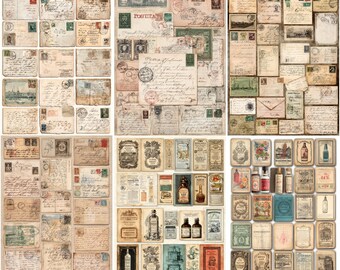 Antique advertisement and trade card ephemera for junk journals, printable collage sheet, retro label tags for scrapbooking crafts