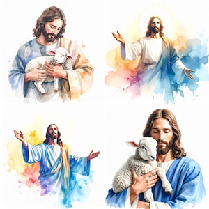 Jesus watercolor art print of Christ with lamb and risen savior illustration in soft tones for Christian home decor and spiritual gifts