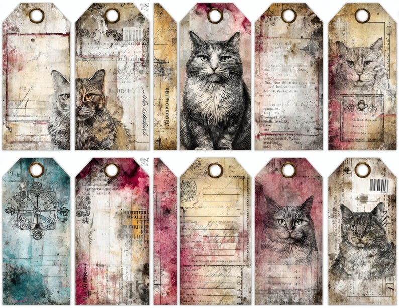 Cat Junk Journal Pages, Antique Kitten Labels and Tags, Feline Ephemera ...