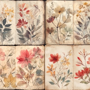 May include: A collection of eight watercolor illustrations of various flowers and foliage. The artwork features a vintage aesthetic with soft colors, including reds, yellows, and greens, set against a textured, aged paper background. The botanical theme is prominent.